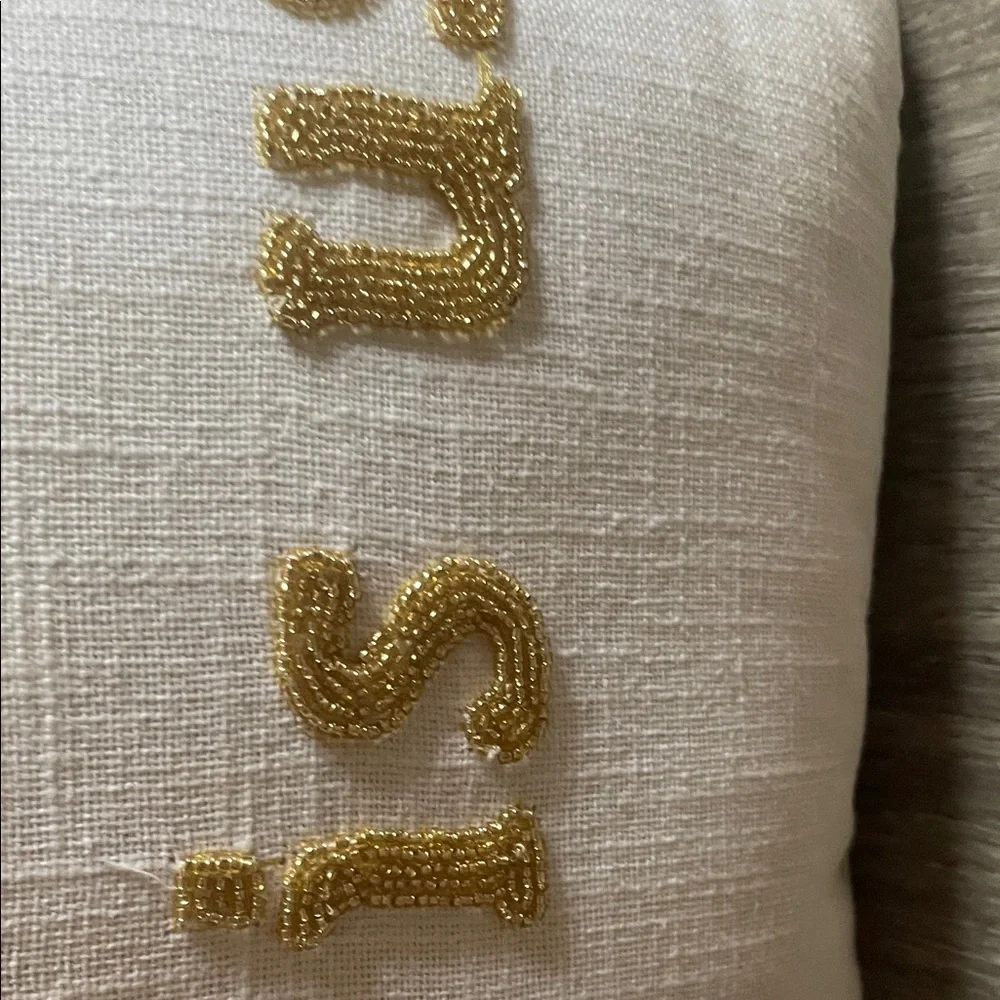 White Pillow with Red Beaded Heart and Gold Beaded Text